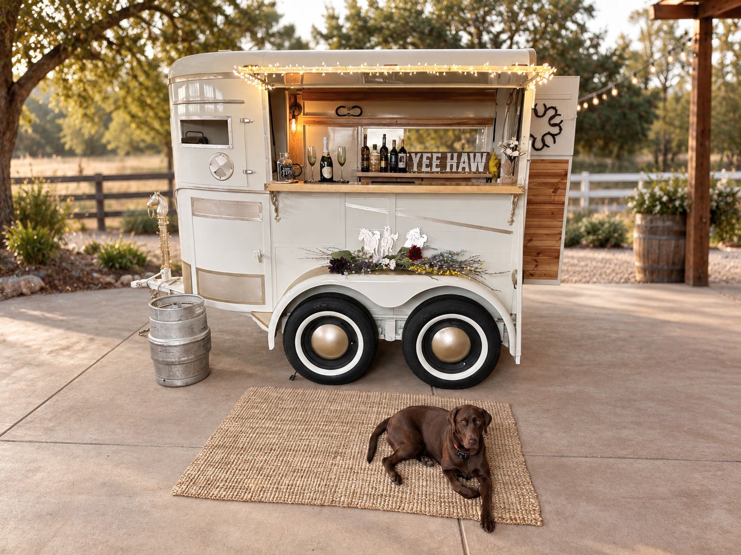 The restored Pony Pub horse trailer bar with a dog resting in front