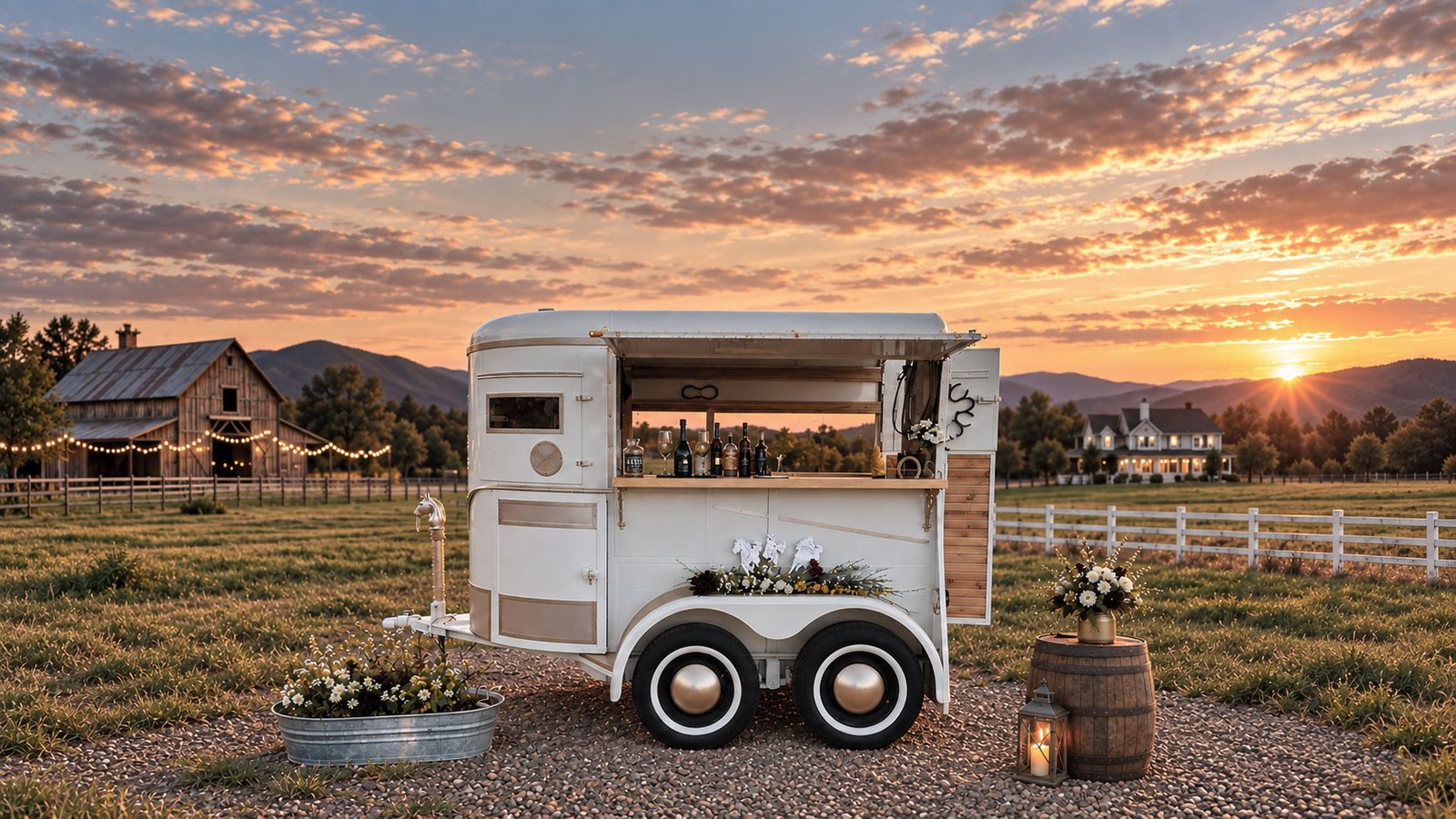 The Pony Pub mobile bar set up beside a whiskey barrel at sunset.
