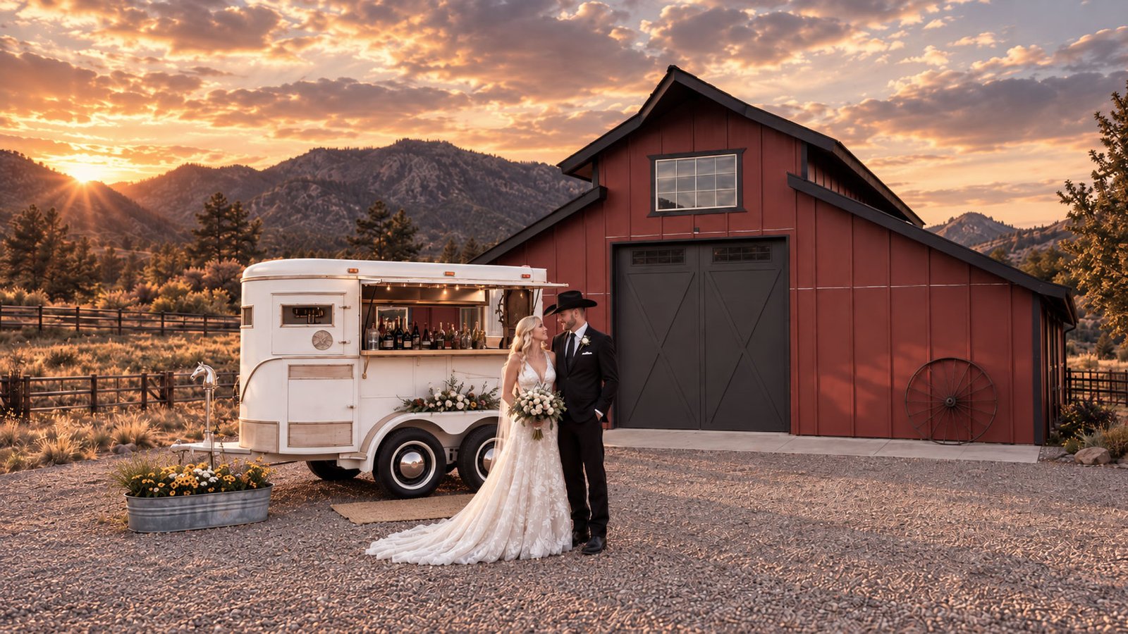 A bride and groom beside the Pony Pub horse trailer bar at a Colorado barn wedding.