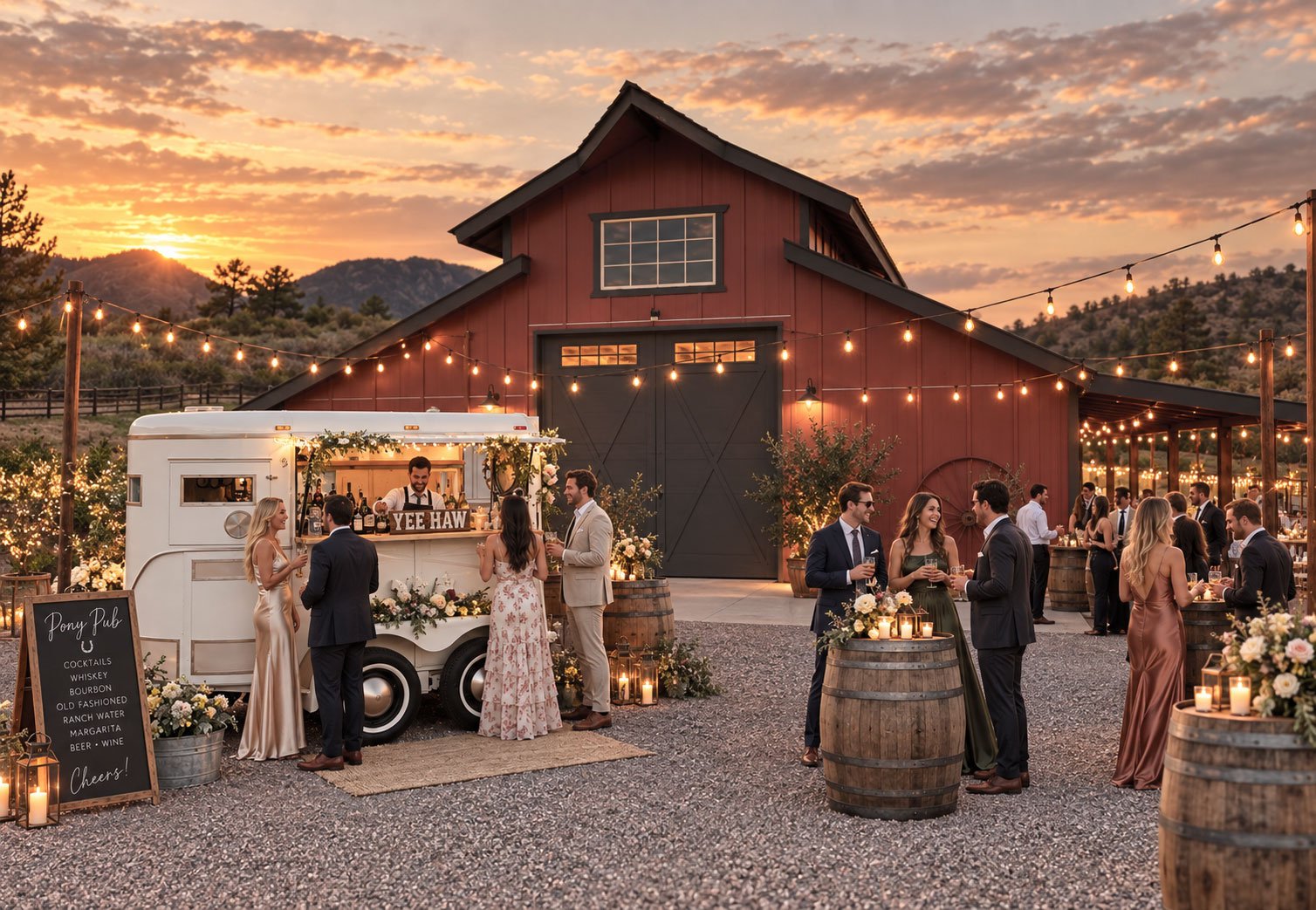 Guests celebrating beside the Pony Pub wedding bar at sunset